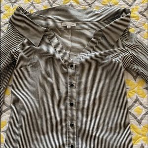 grey and white striped button up with flare sleeve